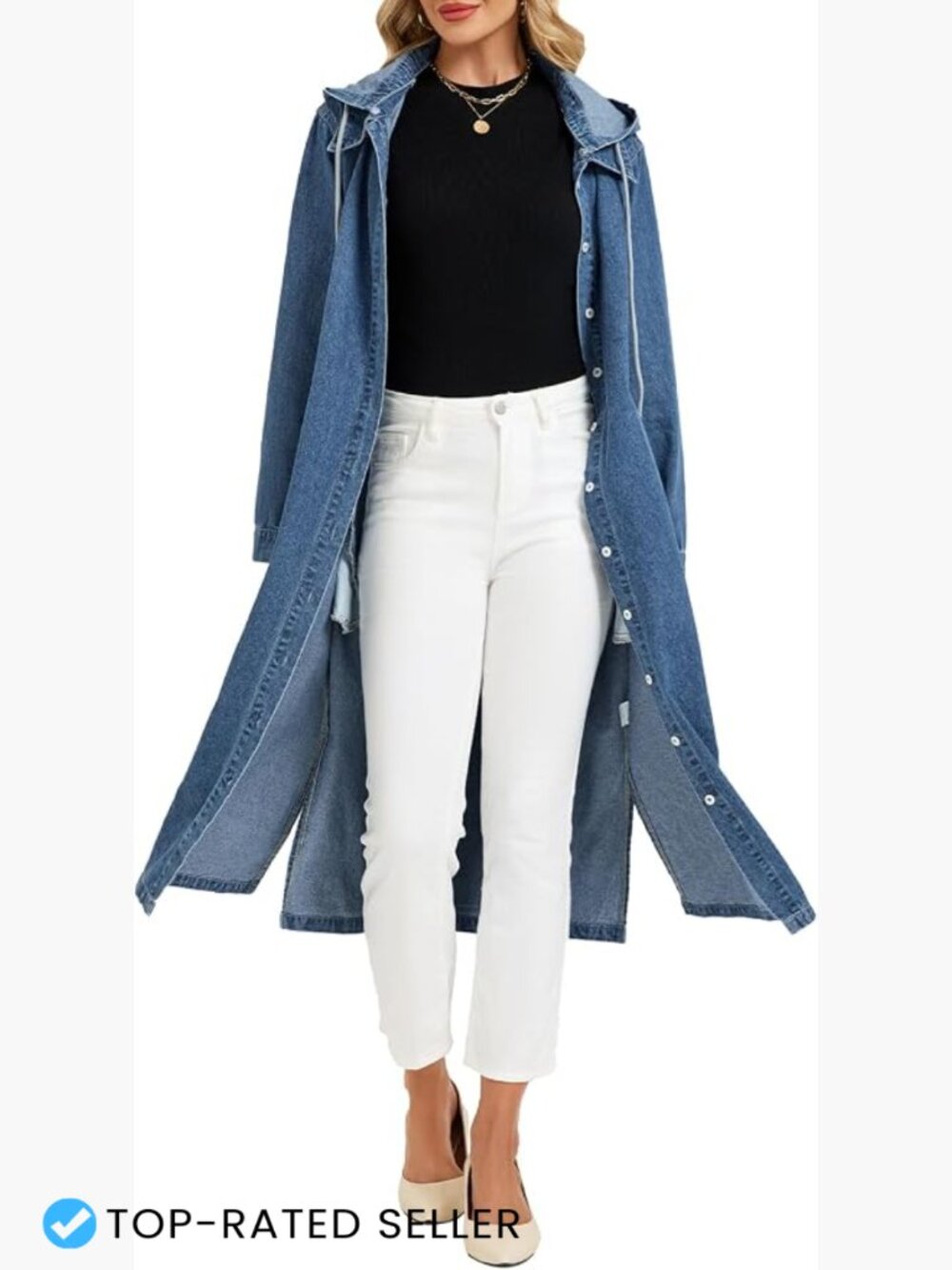Oversized Long Denim Jacket Hooded Trench Coat Midi Button Down Casual Chic